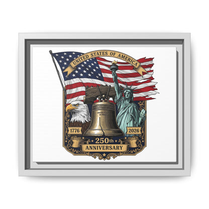 Liberty 250th Anniversary Framed Canvas Print — American Flag, Statue of Liberty & Liberty Bell Art