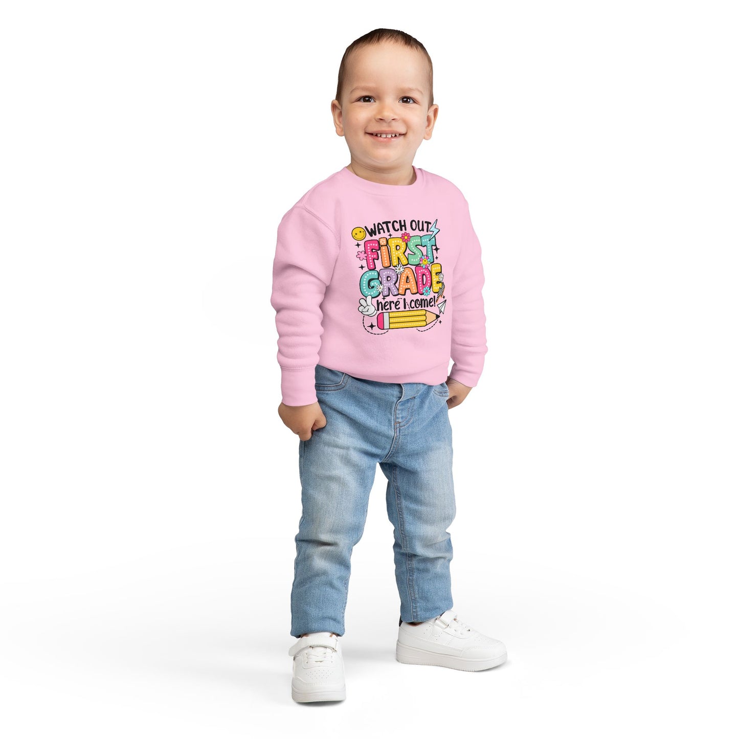 First Grade Sweatshirt - "Watch Out First Grade Here I Come" Toddler Back-to-School Pullover