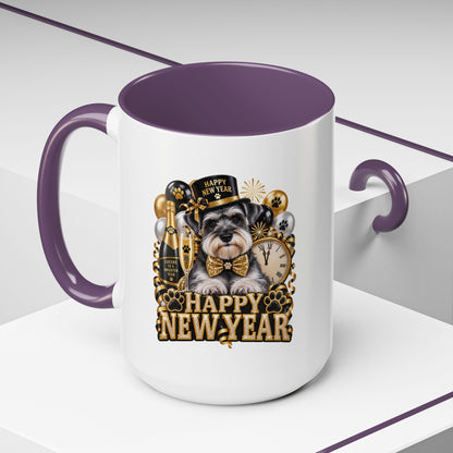 Happy New Year Dog Coffee Mug — Festive Black & Gold 11/15oz Accent Mug