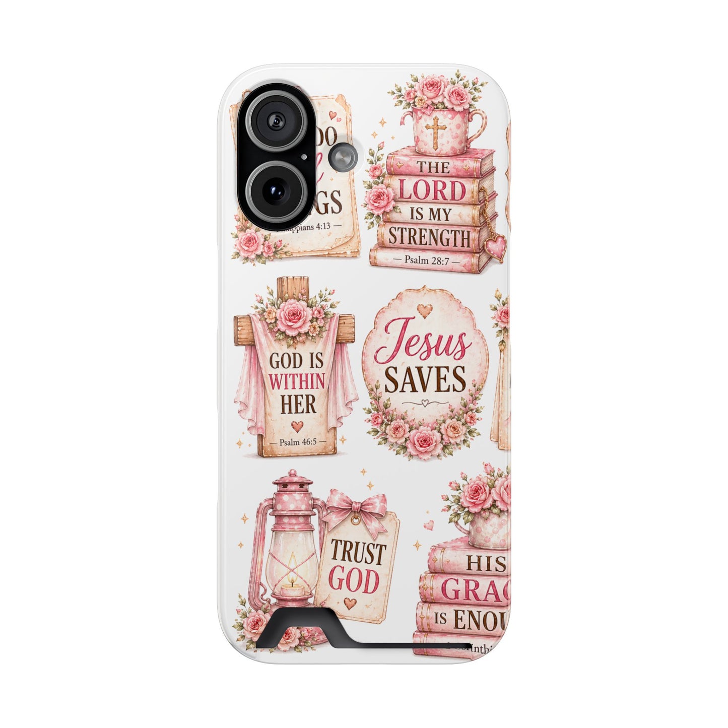 Christian Floral Phone Case with Card Holder — 'Jesus Saves' Inspirational Design