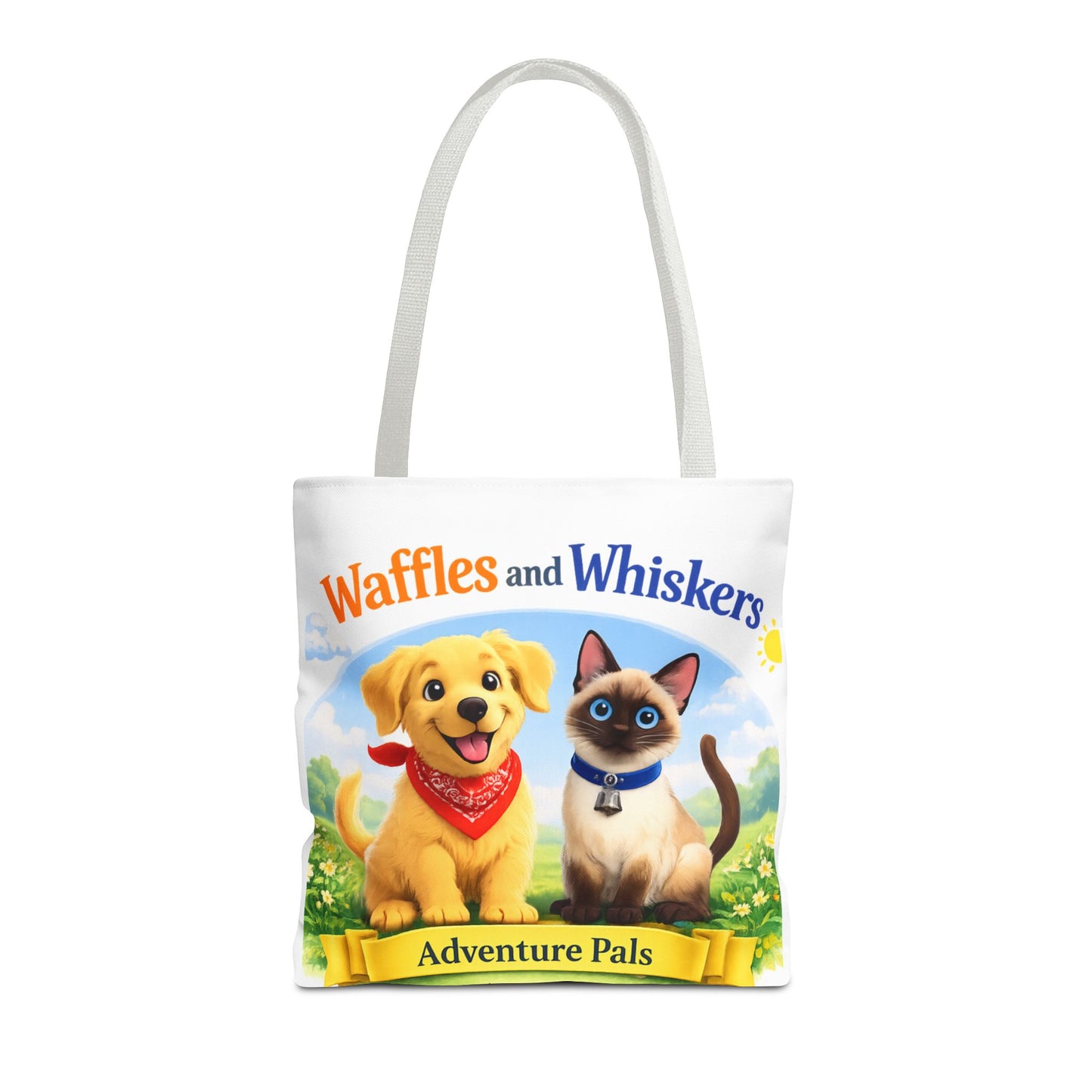 Waffles & Whiskers Adventure Pals Tote Bag — Cute Puppy and Kitten Kids Book Design