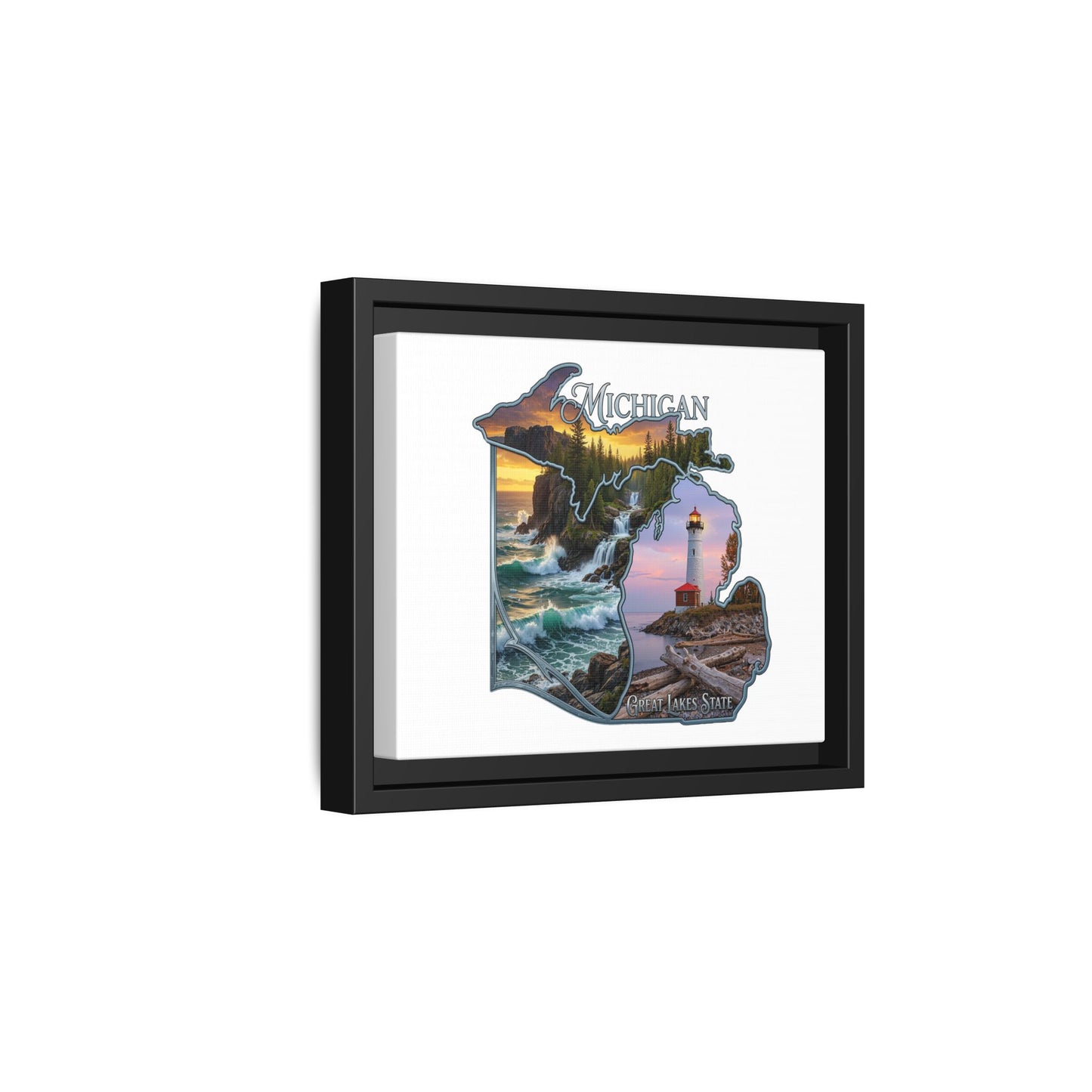 Michigan Framed Canvas Wall Art — Great Lakes State Lighthouse & Shoreline Print