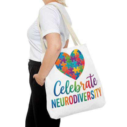 Celebrate Neurodiversity Tote Bag – Rainbow Puzzle Heart Awareness Tote