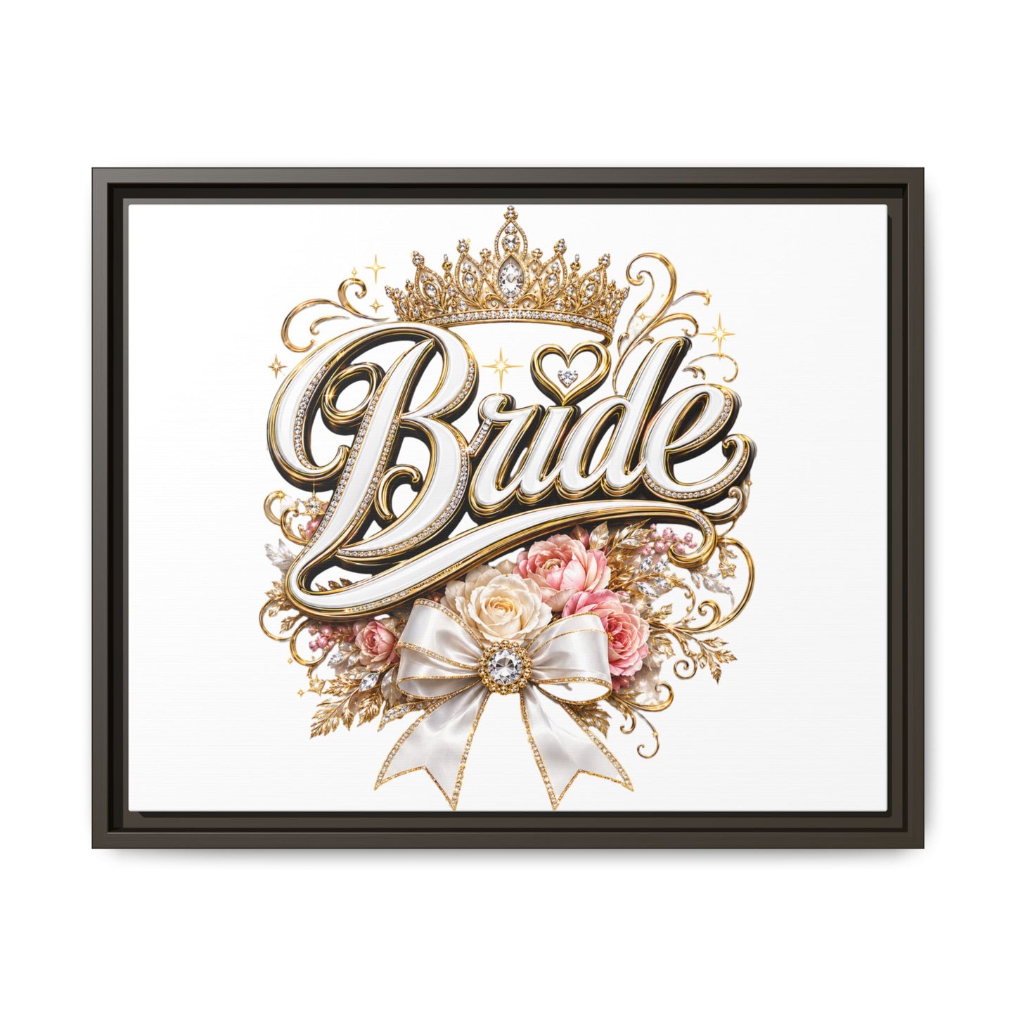 Framed Bride Canvas Wall Art — Elegant Bridal Crown & Floral Wedding Decor