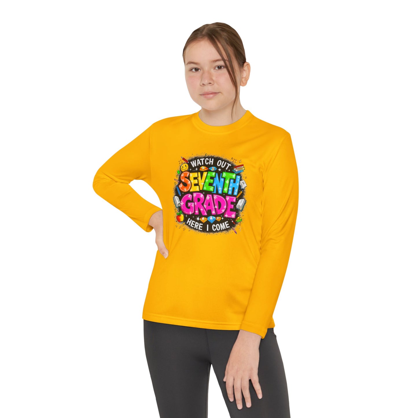Seventh Grade Youth Long Sleeve Tee — "Watch Out Seventh Grade Here I Come" Back-to-School Shirt