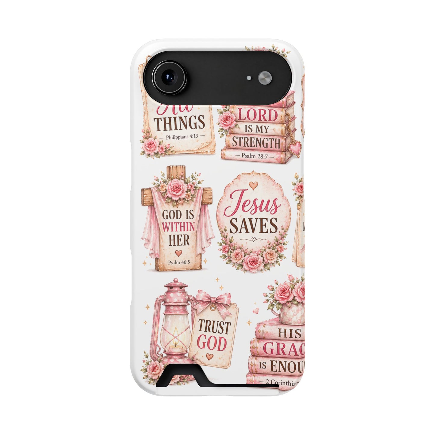 Christian Floral Phone Case with Card Holder — 'Jesus Saves' Inspirational Design