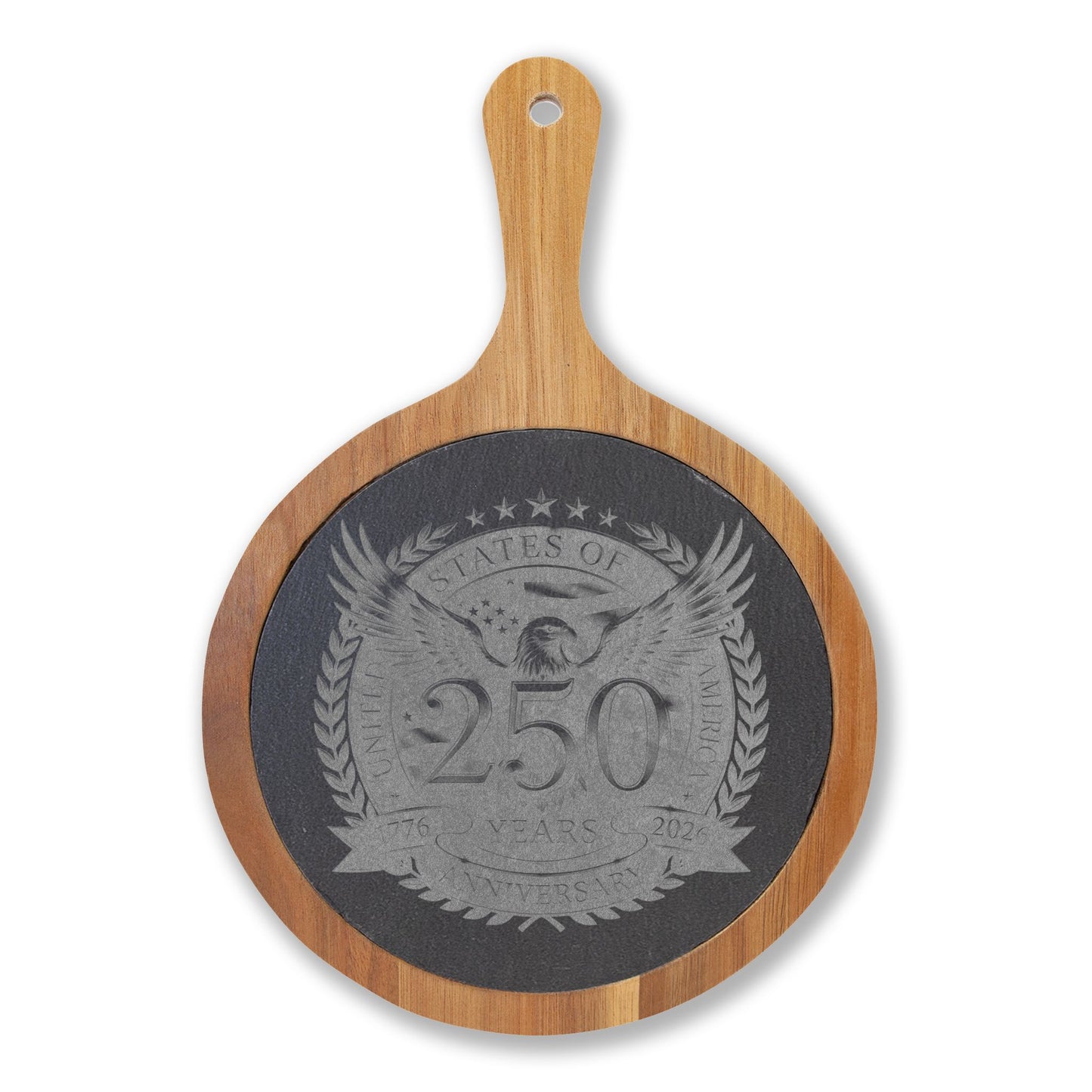Engraved Oak Charcuterie Board with Slate Insert & Cheese Knives — Personalized 250 Crest Design