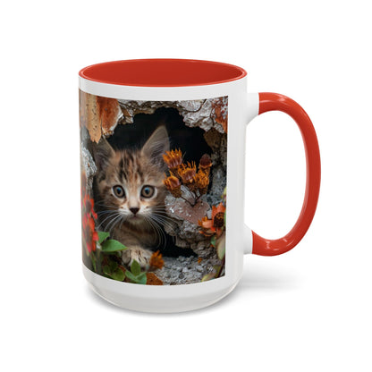 Cute Kitten Peek Accent Coffee Mug — Tabby Cat Floral 11/15oz
