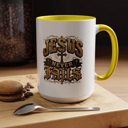 Jesus Never Fails Accent Coffee Mug — Inspirational Christian Faith 11/15oz