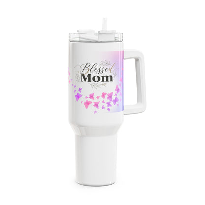 Blessed Mom 40oz Tumbler — Insulated Travel Mug with Pink Butterfly Design