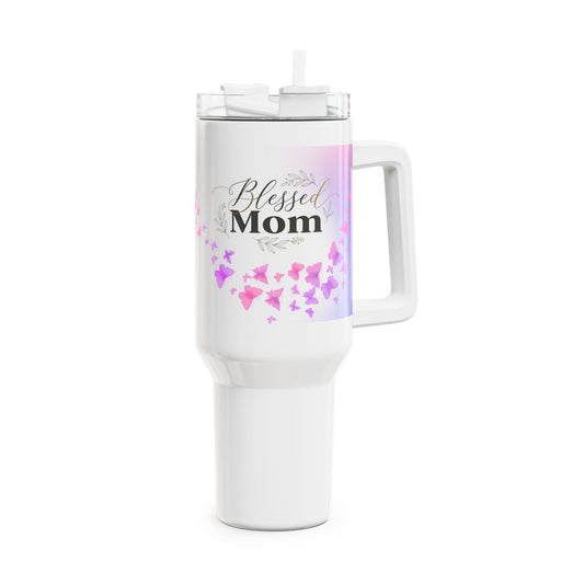 Blessed Mom 40oz Tumbler — Insulated Travel Mug with Pink Butterfly Design