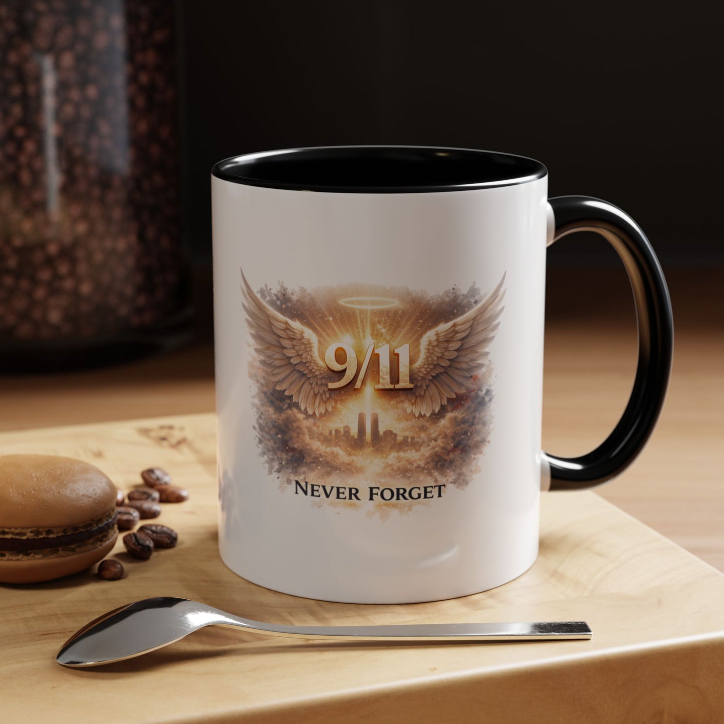 9/11 Never Forget Accent Coffee Mug — Memorial Tribute Ceramic Mug