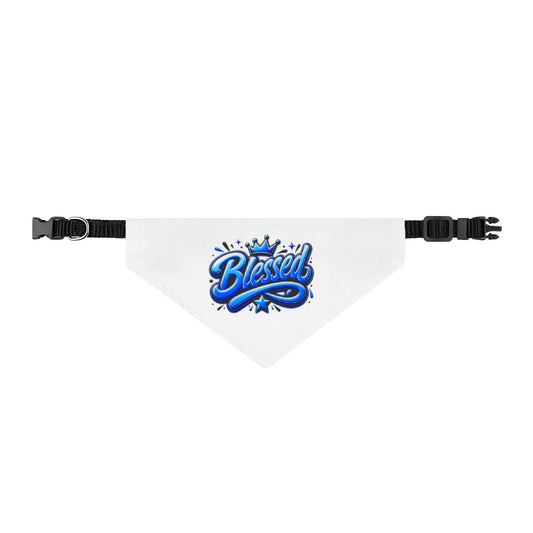 Blessed Clip-On Pet Bandana — Blue Script Design for Dogs & Cats