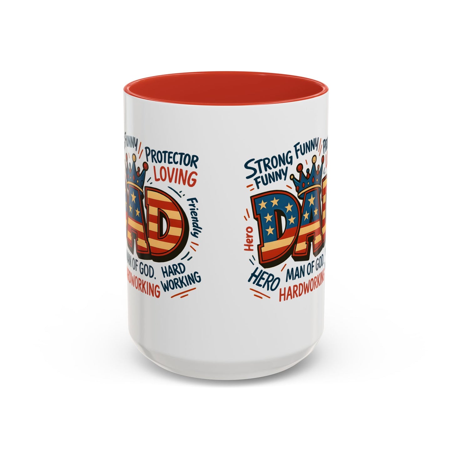 Dad Coffee Mug — Patriotic "DAD" Design with Loving, Hardworking, Protector Keywords (11/15oz Accent Mug)