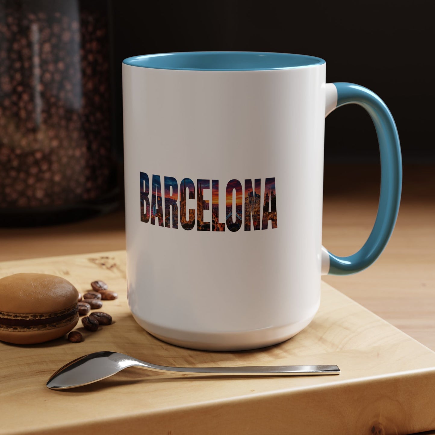 Barcelona Accent Coffee Mug — Scenic Cityscape Text Travel Souvenir (11/15oz)