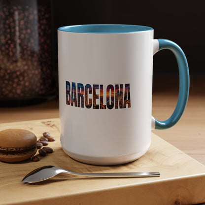 Barcelona Accent Coffee Mug — Scenic Cityscape Text Travel Souvenir (11/15oz)