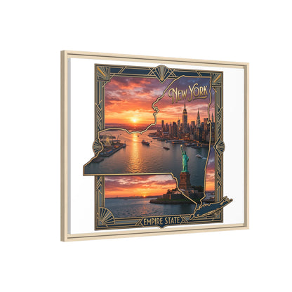 Framed Matte Canvas Wall Art — New York City Sunset Skyline with Statue of Liberty