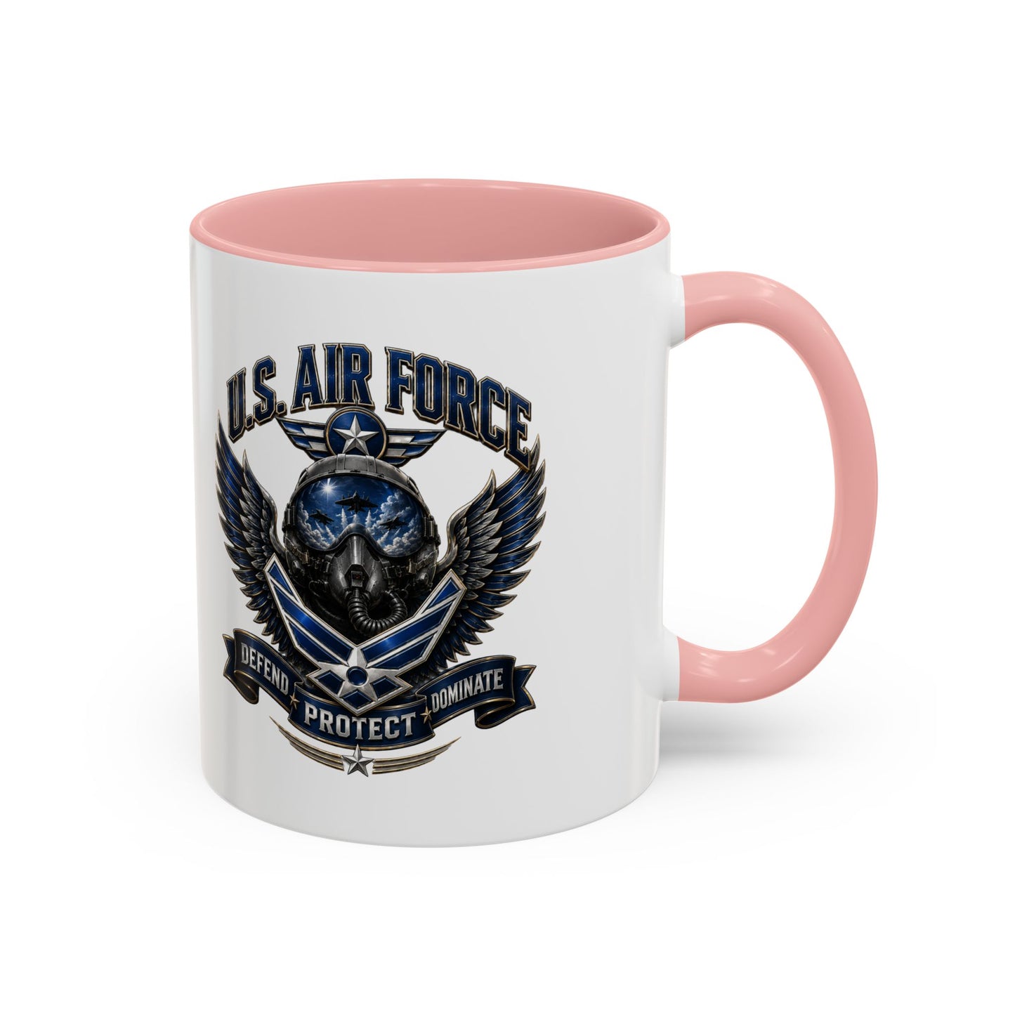 U.S. Air Force Emblem Accent Coffee Mug — Defend Protect Dominate (11/15oz)