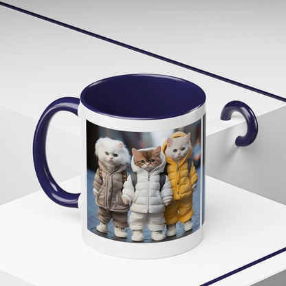 Cat Crew Accent Coffee Mug — Cute Kittens in Puffer Jackets (11/15oz)