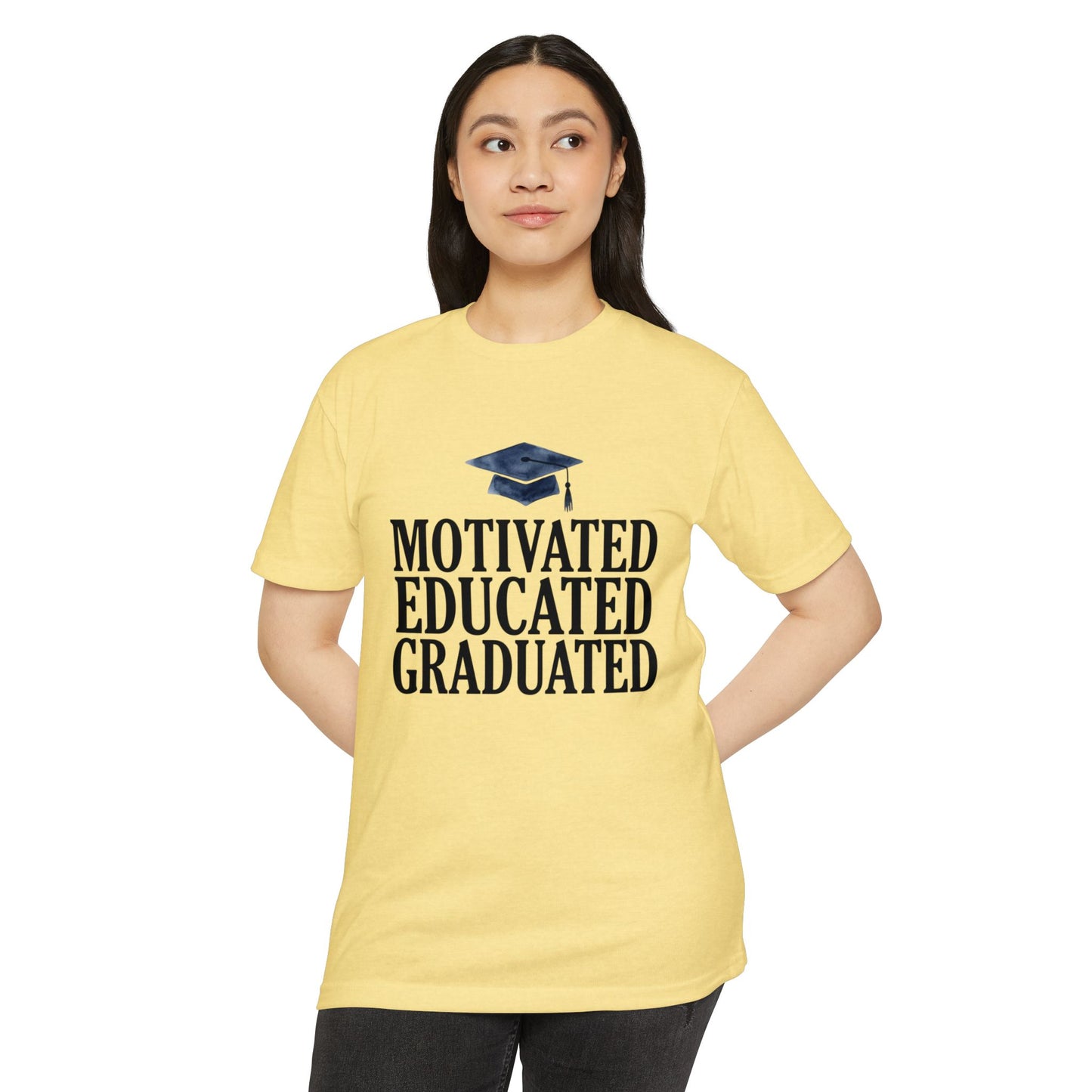 Graduation Tee — "Motivated Educated Graduated" Cap Design