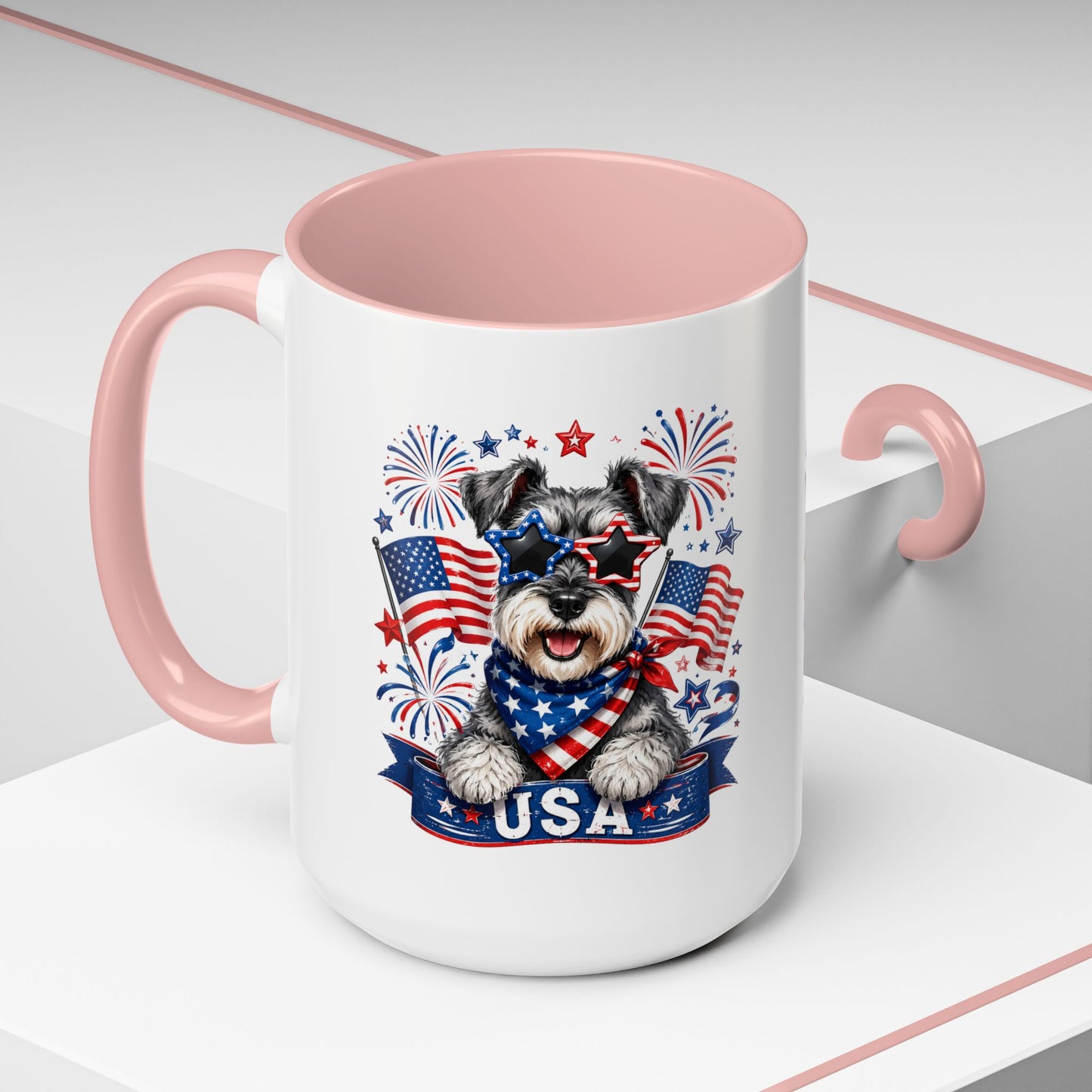 Patriotic Schnauzer Coffee Mug – USA Flag, Fireworks Accent Mug (11/15oz)