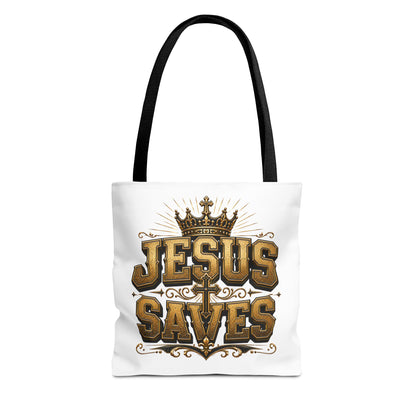 Jesus Saves Tote Bag — Christian Gospel Canvas Carryall with Crown & Cross Design