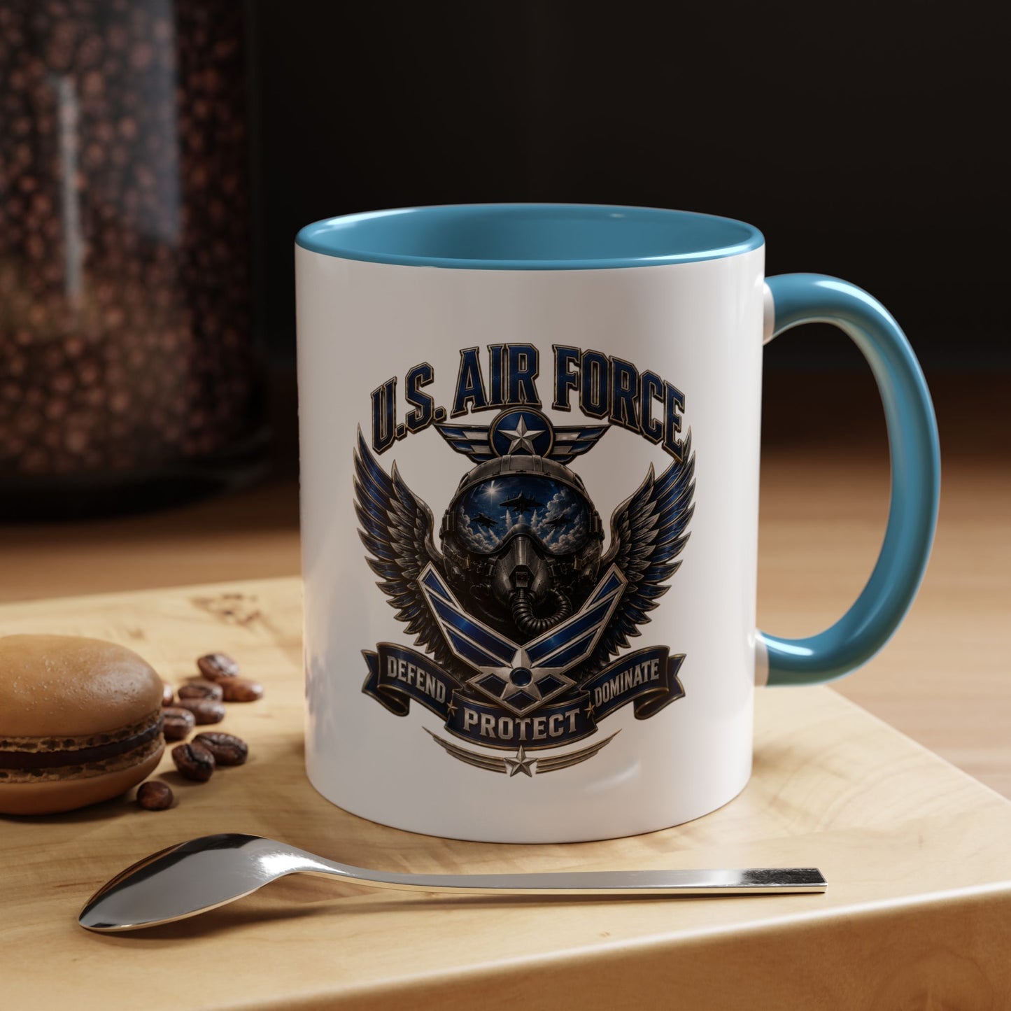 U.S. Air Force Emblem Accent Coffee Mug — Defend Protect Dominate (11/15oz)
