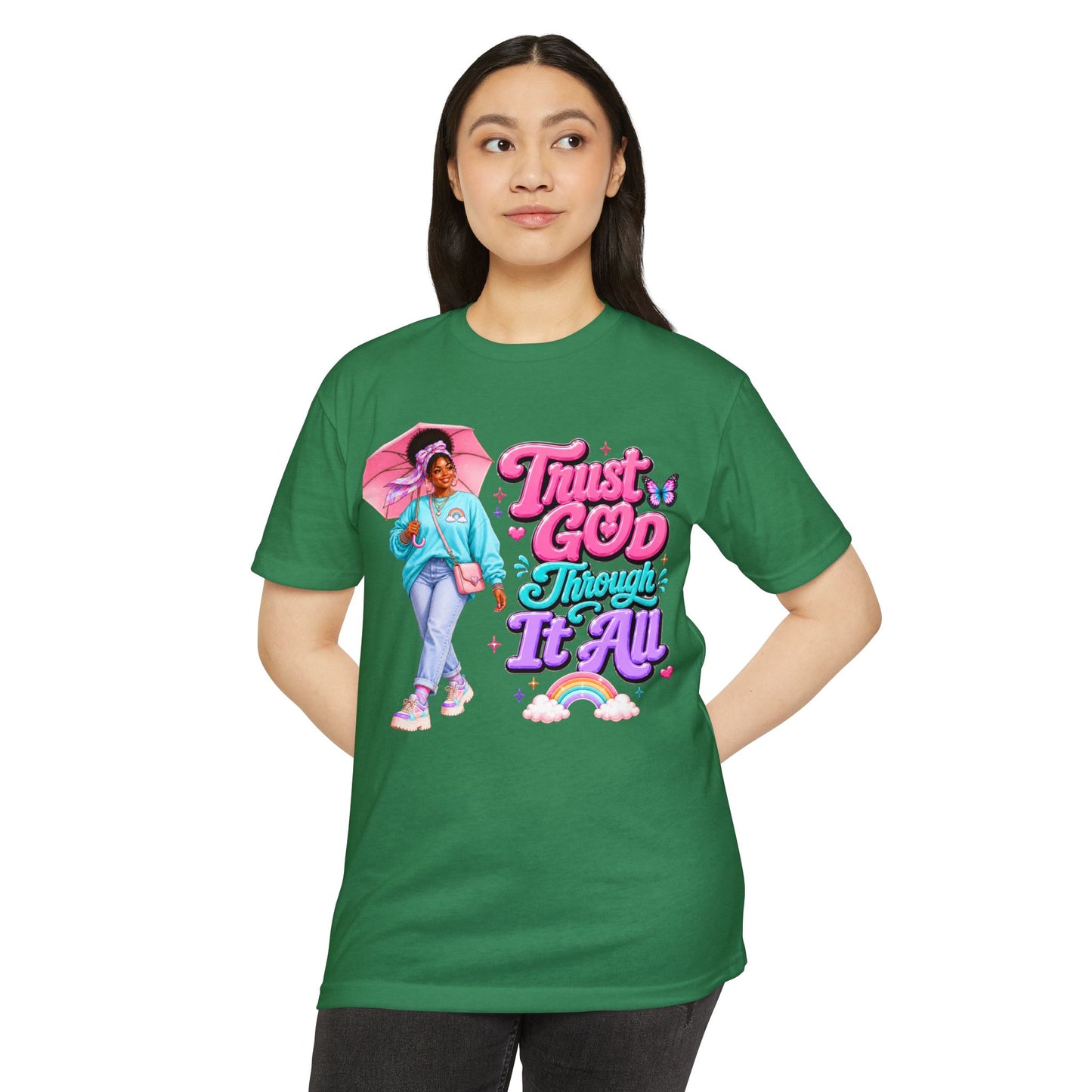 Trust God Through It All T-Shirt — Inspirational Faith Tee with Colorful Girl Illustration