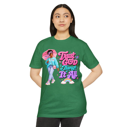 Trust God Through It All T-Shirt — Inspirational Faith Tee with Colorful Girl Illustration
