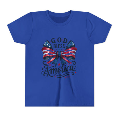 Youth Tee — "God Bless America" Patriotic Bow T-Shirt (4th of July, Memorial Day)