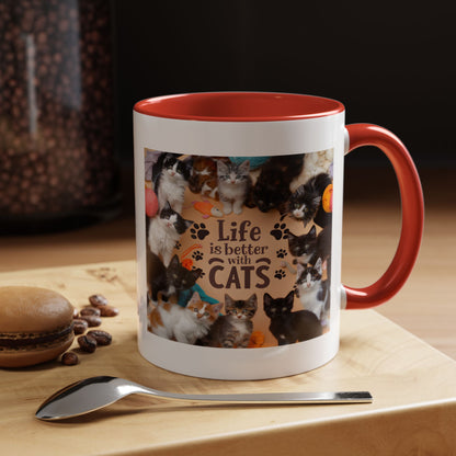 Cat Lover Accent Coffee Mug — “Life Is Better With Cats” 11/15oz