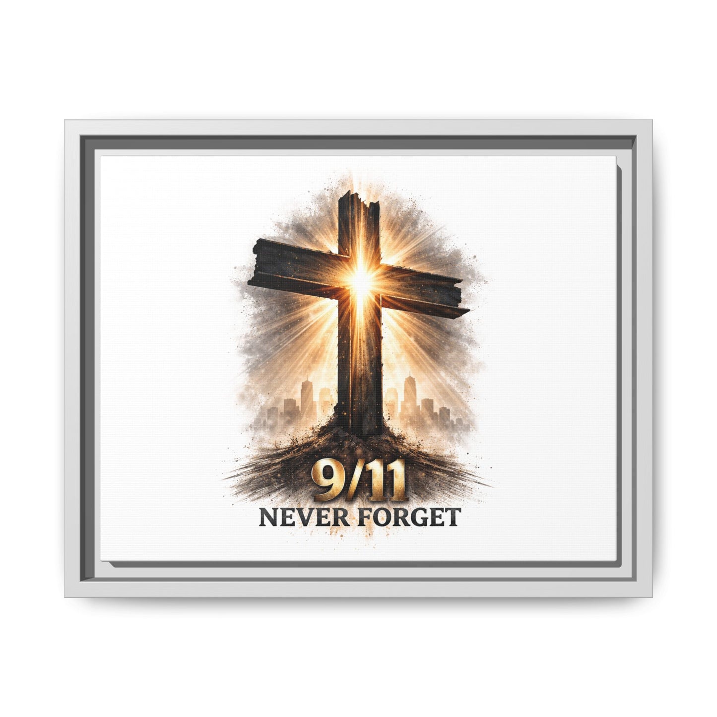 9/11 Never Forget Framed Canvas Wall Art — Memorial Cross Tribute