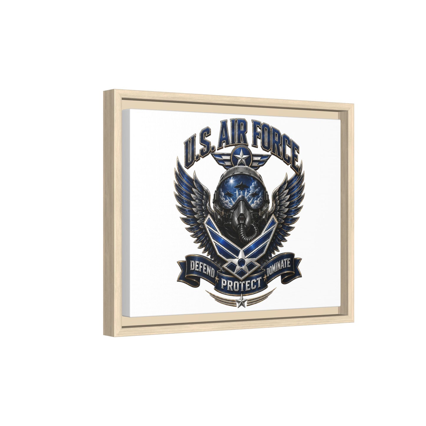 U.S. Air Force Emblem Framed Canvas Print – "Defend Protect Dominate" Military Wall Art