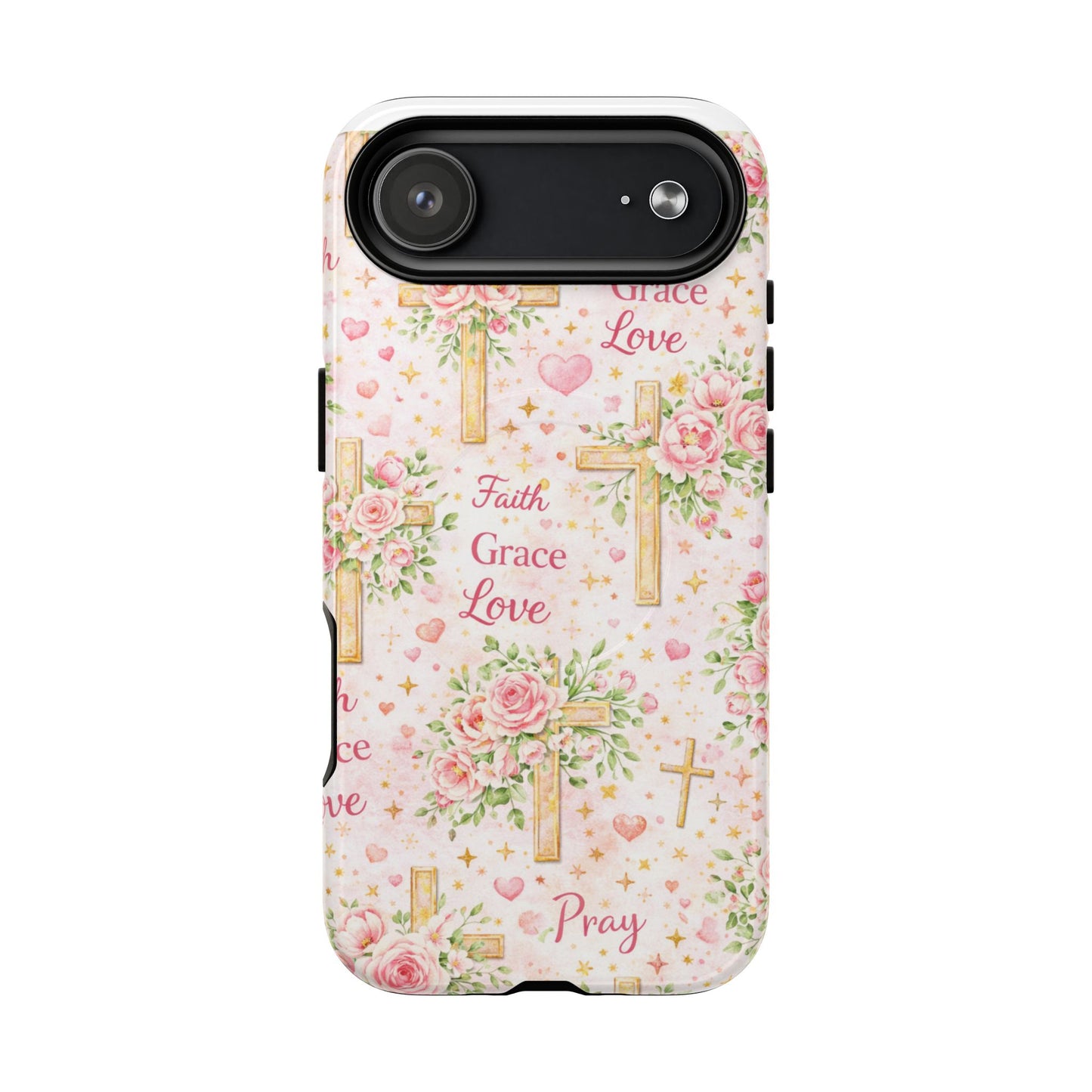 Christian Floral Cross Phone Case — "Faith Grace Love" Tough Magnetic Case