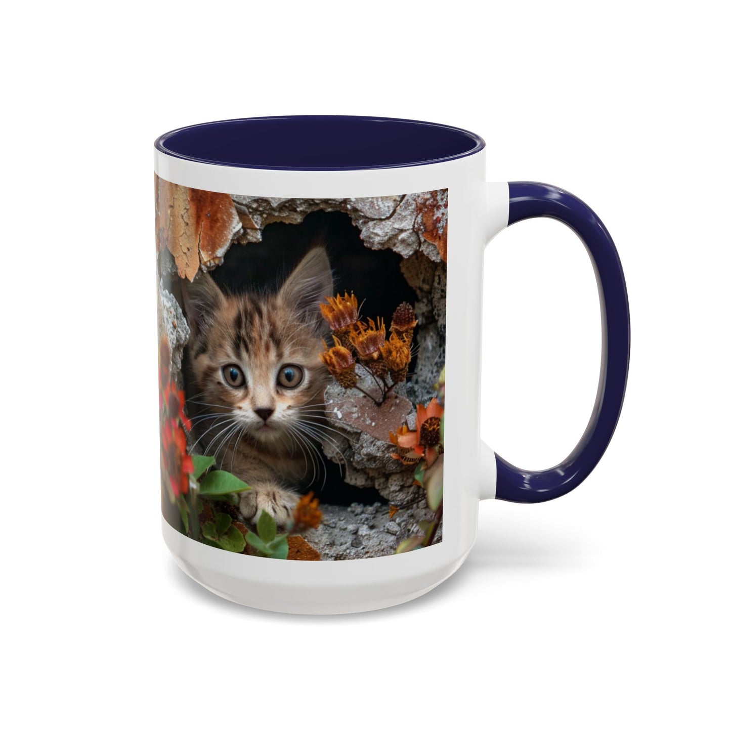 Cute Kitten Peek Accent Coffee Mug — Tabby Cat Floral 11/15oz