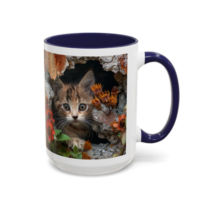 Cute Kitten Peek Accent Coffee Mug — Tabby Cat Floral 11/15oz