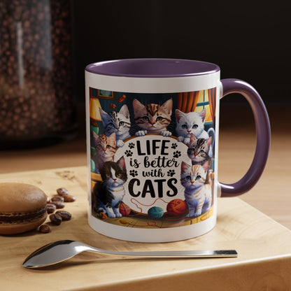 Life Is Better With Cats Accent Coffee Mug – Cute Kitten Cat Lover Gift (11/15oz)