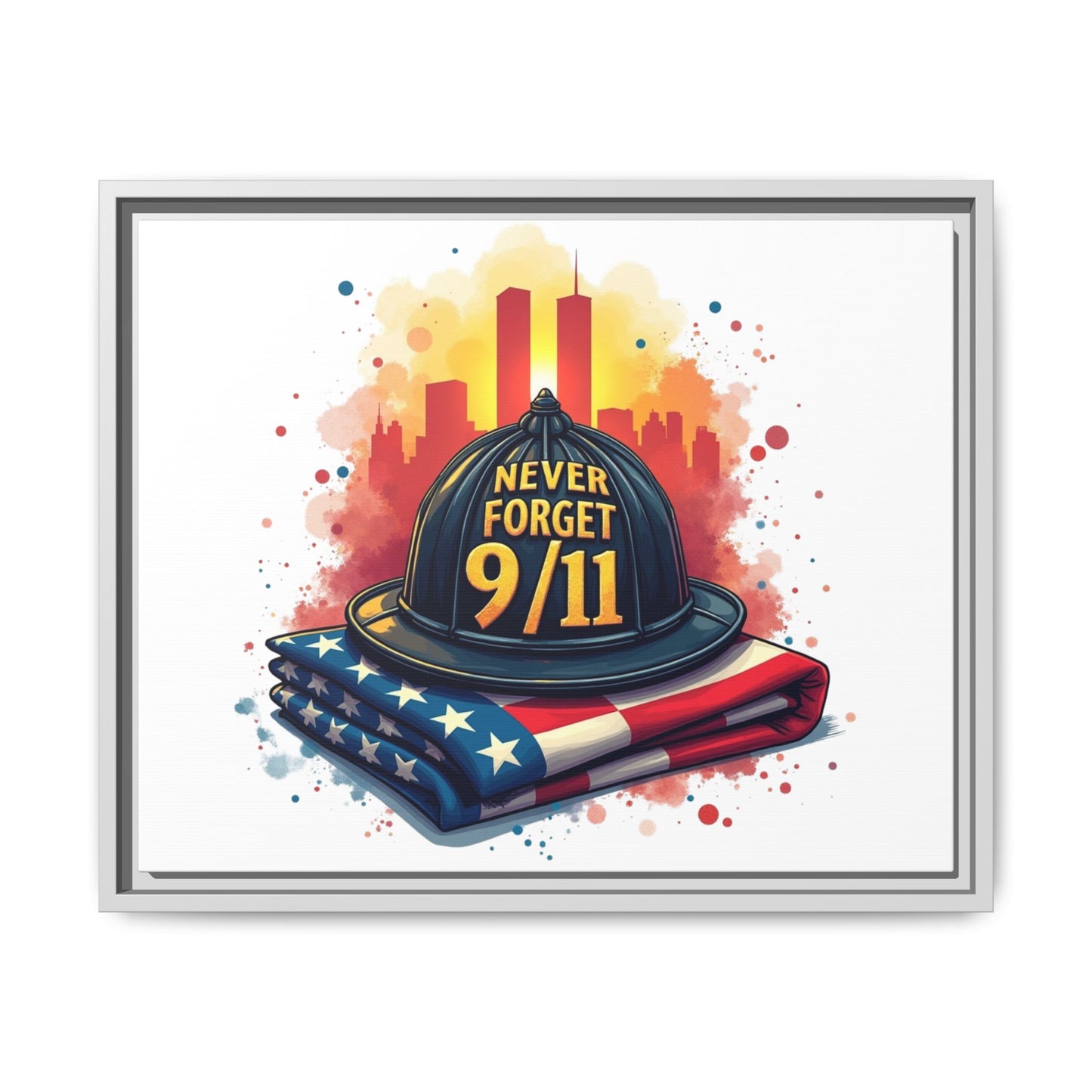 Never Forget 9/11 Framed Canvas Print — Firefighter Helmet & American Flag Memorial Art