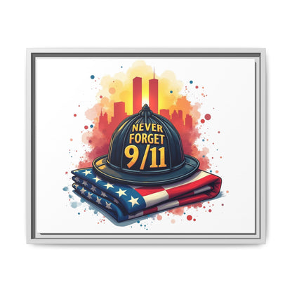 Never Forget 9/11 Framed Canvas Print — Firefighter Helmet & American Flag Memorial Art