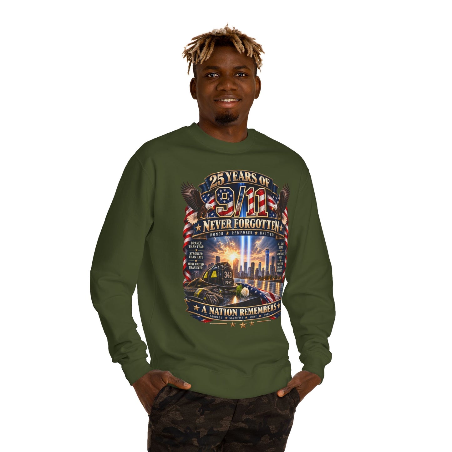 9/11 Memorial Sweatshirt — "25 Years of 9/11 Never Forgotten" Tribute Crewneck