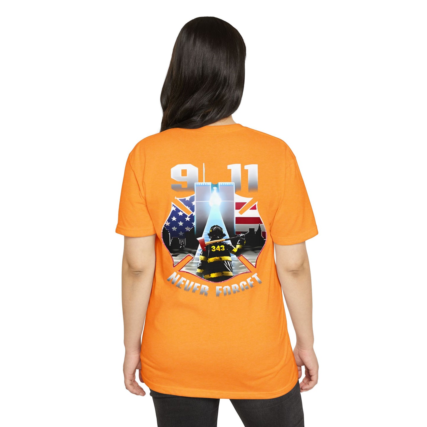 9/11 Never Forget T-Shirt — Firefighter Tribute Tee with Twin Towers & American Flag