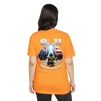 9/11 Never Forget T-Shirt — Firefighter Tribute Tee with Twin Towers & American Flag