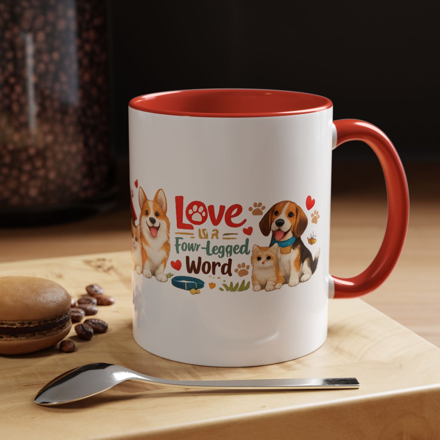 Dog Lover Accent Coffee Mug — “Love is a Four-Legged Word” Ceramic Gift