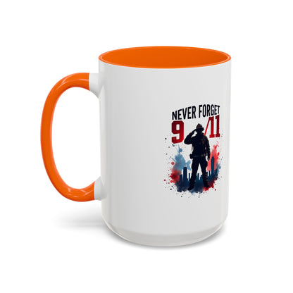 Never Forget 9/11 Accent Coffee Mug — Patriotic Memorial Tribute (11oz, 15oz)