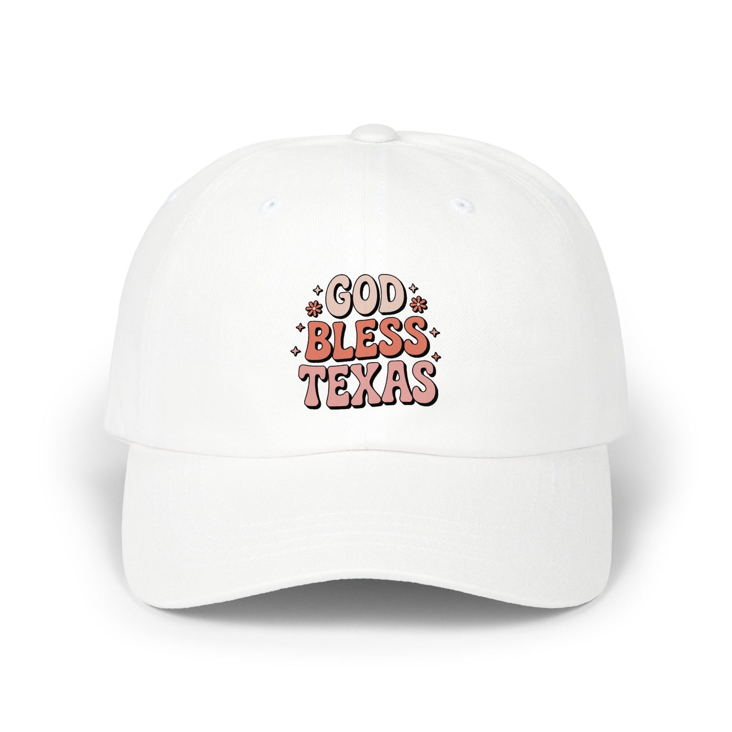 God Bless Texas Dad Cap — Retro Script Embroidered Baseball Hat