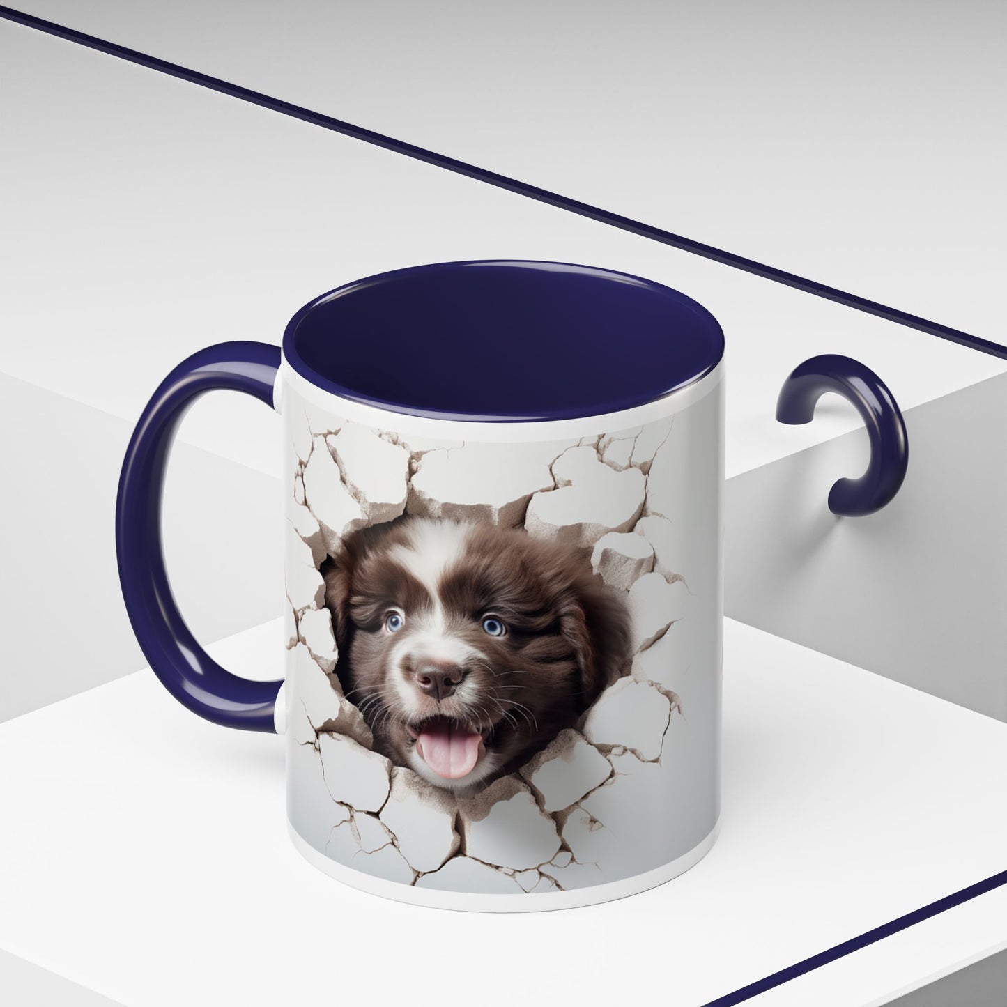 Puppy Breakthrough Accent Coffee Mug (11/15oz) — Cute Dog Face Cracked Wall Design