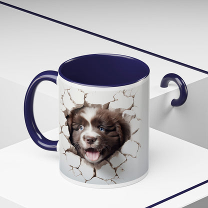 Puppy Breakthrough Accent Coffee Mug (11/15oz) — Cute Dog Face Cracked Wall Design