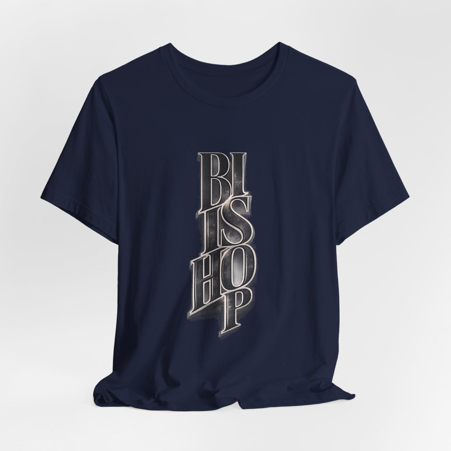 Bishop Vertical Script Tee — Vintage Gothic Lettering T-Shirt