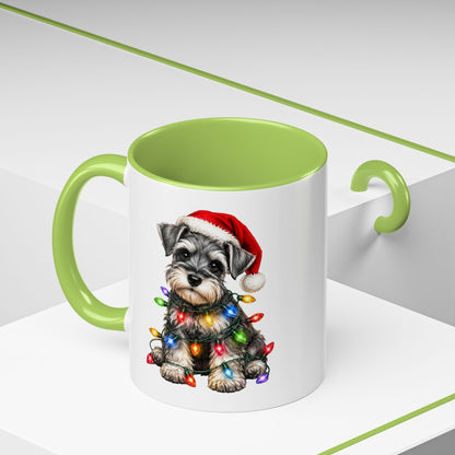 Christmas Puppy Coffee Mug — Schnauzer in Santa Hat with Holiday Lights (11/15oz)