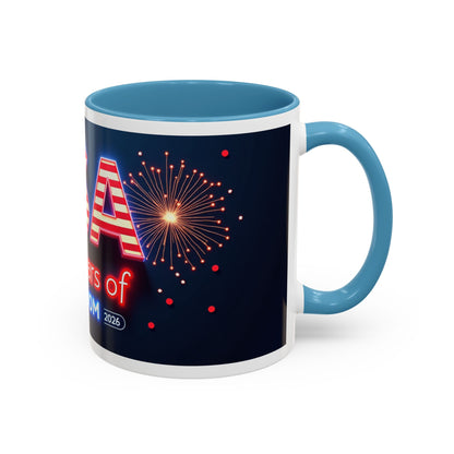 USA 250 Years of Freedom Accent Coffee Mug — Patriotic 1776–2026 Fireworks Design (11/15oz)